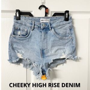 ZARA High Rise Distressed Cutoff Denim Shorts Women Size 4 / 26 Cheeky Fit Blue